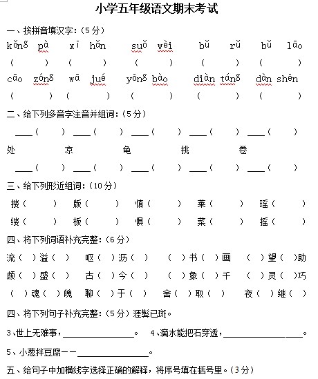 小学五年级语文期末考试