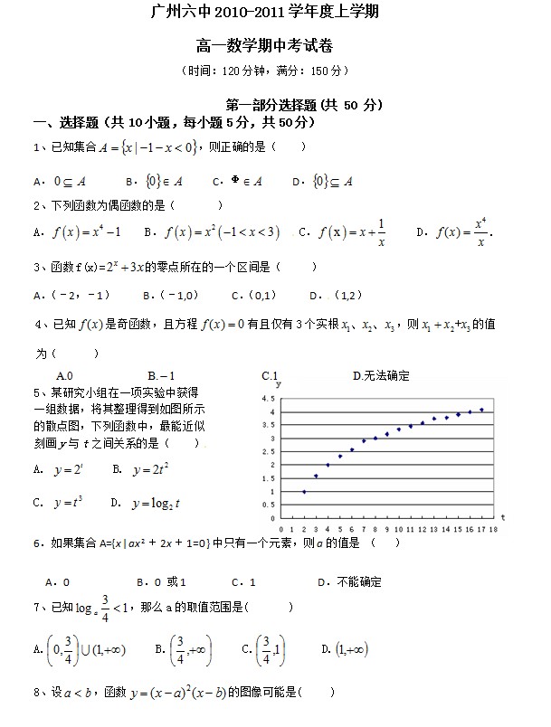 广东省广州六中2010-2011学年高一上学期期中考试数学试题