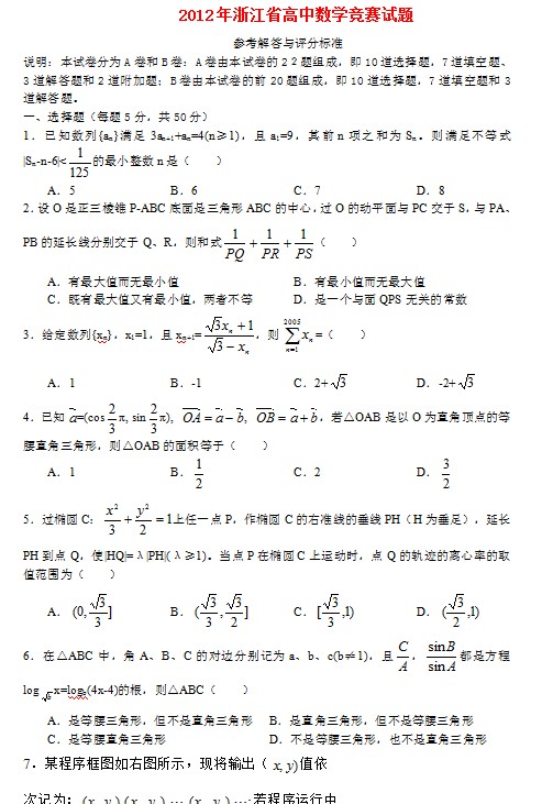 2012年全国高中数学联赛-浙江