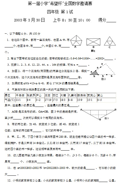 第一届小学“希望杯”全国数学邀请赛四年级第1试