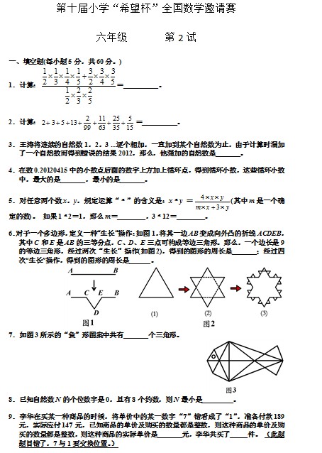 第十届小学“希望杯”全国数学邀请赛六年级第2试