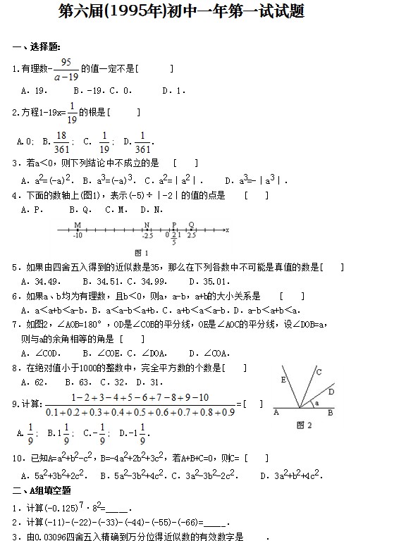 第六届初中“希望杯”全国数学邀请赛初一级第1试