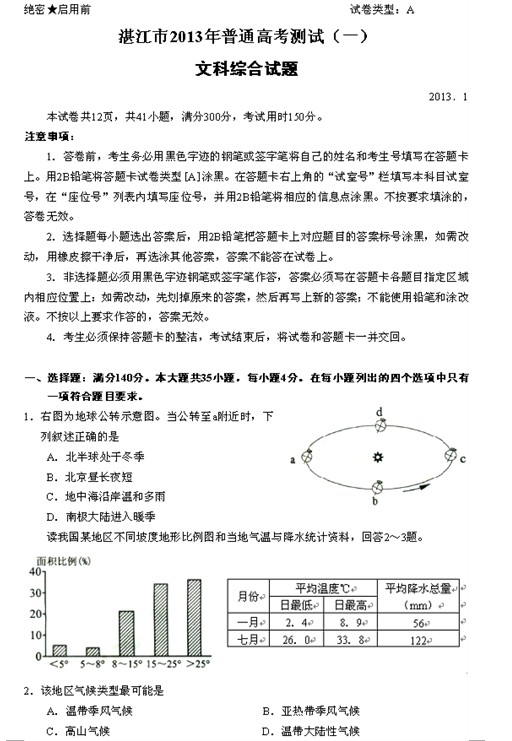 广东省湛江市2013届高三教学质量测评文科综合试题（一模）